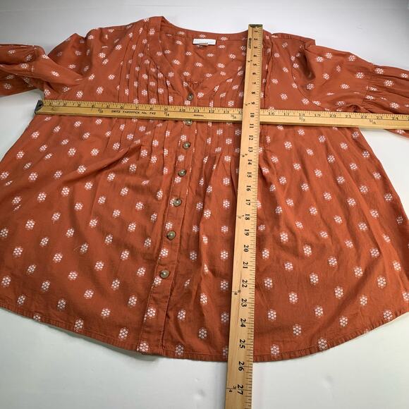 J. Jill Peasant Top Rust Orange Patterned V Neck Peasant Blouse button India MP - Picture 11 of 16